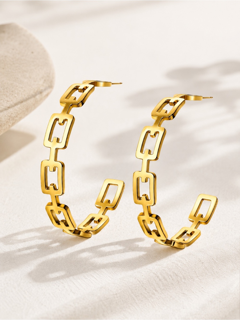Gold Link Hoop Earrings Waterproof Stainless Steel